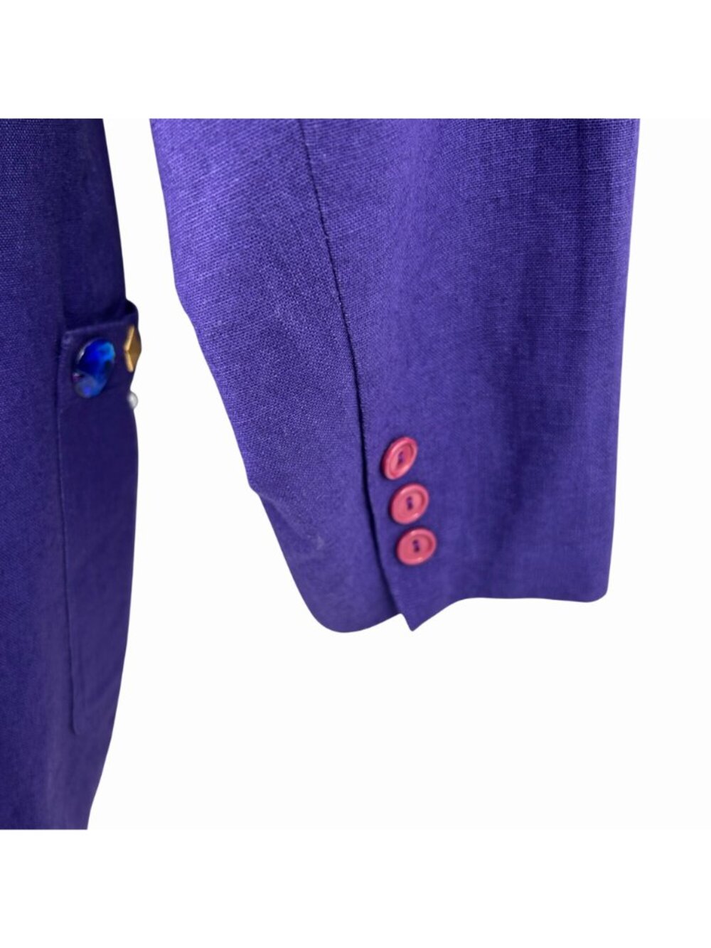 VINTAGE PURPLE LINEN BLEND OVERSIZE BLAZER BEADED JEWELED EMBELLISHED POCKETS 11 - Picture 5 of 6